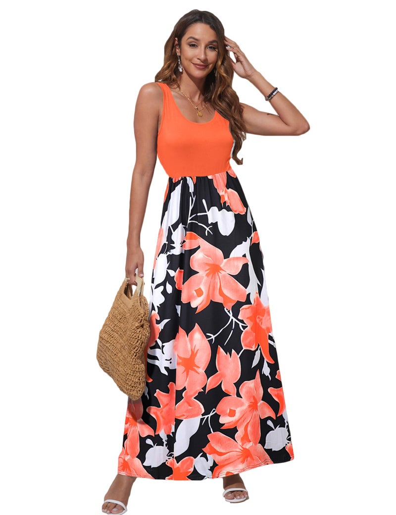Bluetime Women's Summer Boho Sleeveless Floral Print Tank Long Maxi Dress (Orange, XXL) - Image 2